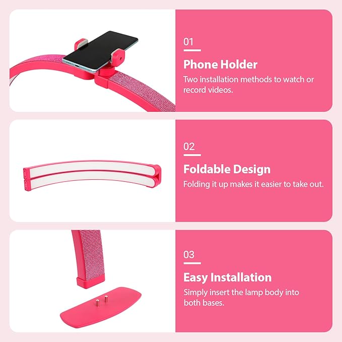 FAHKNS Half Moon Light for Nail Desk with Phone Holder, 29IN Folding Half-Moon Light with Shinning Diamond, LED Lamp for Nail Art, Eyelash Extension, Tattooing, Skin Management, Barbie Pink