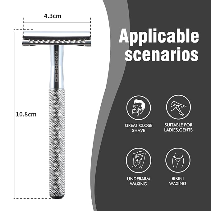 KINGHOOD Safety Razor Single Blade for Men with 10 Double Edge Blades Metal Reusable Eco Friendly Razors Silver