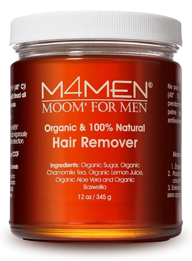 MOOM for Men Organic Hair Removal Kit, 12 oz Sugar Wax with 48 Reusable Fabric Strips, Natural Ingredients