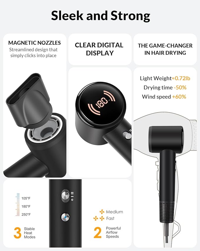 Hair Dryer,Travel Hair Dryer with Diffuser,110000 RPM High Speed Ionic Blow Dryer,Temperature Display,Low Noise&Lightweight Blow Dryer,Fast-Drying,No Heat Damage,Suitable for All Hairstyles(Black)