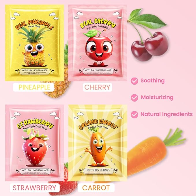 evpct 12 Pack Fruit Kids Face Masks for Kids Girls Spa, Girls Kids Facial Spa Day Slumber Sleepover Birthday Party Favors Supplies Kit for Girl, Kid Friendly Facial Face Masks Bulk Skincare for Kid, 2