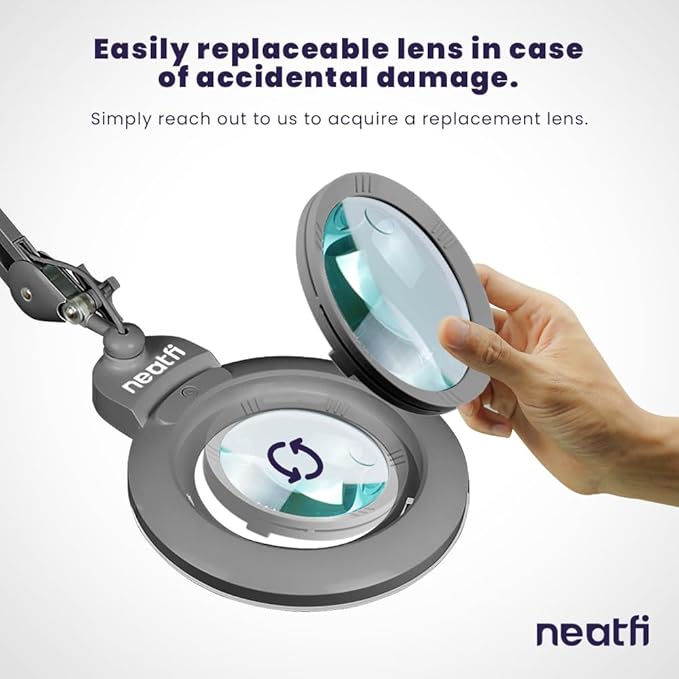 Neatfi XL Bifocal LED Magnifying Lamp, 7-Inch Acrylic Lens, 5D/20D Magnification, Hands-Free, Dimmable, 84 SMD LED, Adjustable Arm for Crafts, Reading, Close Work (Silver, with Clamp)