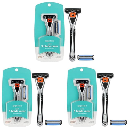 Amazon Basics 3-Blade Razor Cartridge, 3 Piece Set, Black | Motion Sphere | Dual Lubrication | Includes Handle | Pack of 3