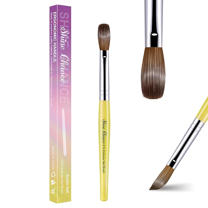 Acrylic Nail Brush Size 16, 100% Pure Kolinsky Nail Brush for Acrylic Application, Professional Nail Extension Manicure Tool Nail Drawing Pen for DIY Home Salon(Yellow)