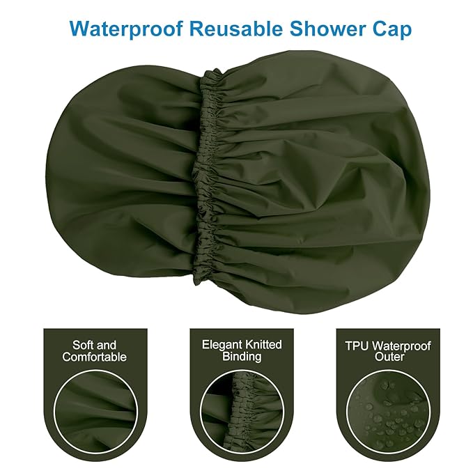 Shower Cap for Women, Double Layer Waterproof Bath Cap, Reusable Hair Protector, Large Waterproof Shower Bonnet Washable Elastic Band Bath Hair Hat for Long Hair, Braids， - Dark Green