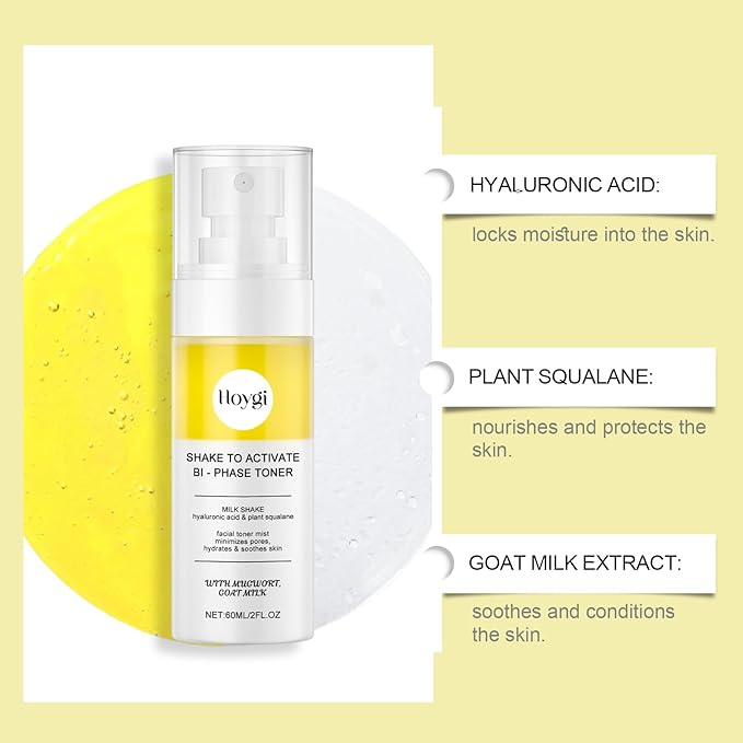 Bi-Phase Hydrating Facial Mist with Hyaluronic Acid & Goat Milk, Shake-to-Activate Formula for Intense Moisture & Soothing Relief, Lightweight Spray with Plant Squalane, for Sensitive Skin, 2 fl oz