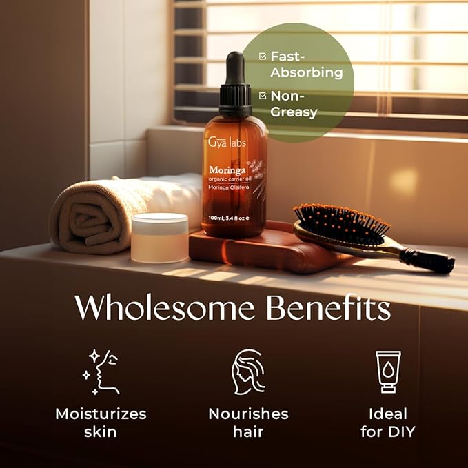 Gya Labs Moringa Seed Carrier Oil - 3.4 Fl Oz - for Hair, Skin, Face, Scalp & Body Massage