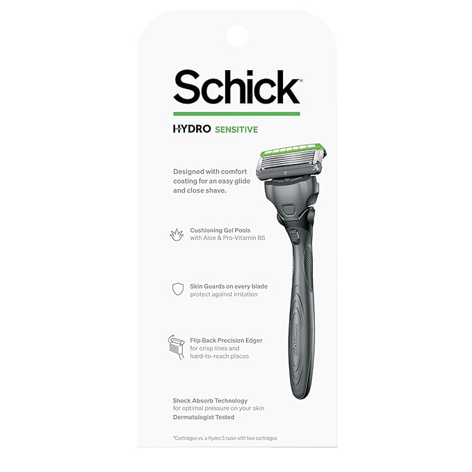 Schick Hydro Sensitive Razor, 5 Blade, 1 Handle with 3 Cartridges | For Men | For Sensitive Skin | Refillable