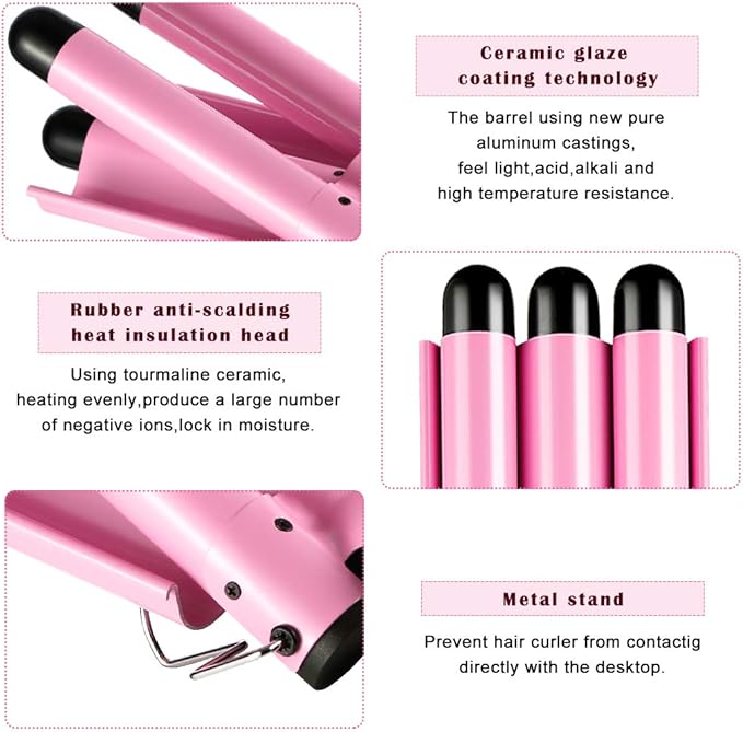 3 Triple Barrel Ceramic Tourmaline Curling Iron Wand with LCD Temperature Display - 1 Inch Crimping Waver, Dual Voltage