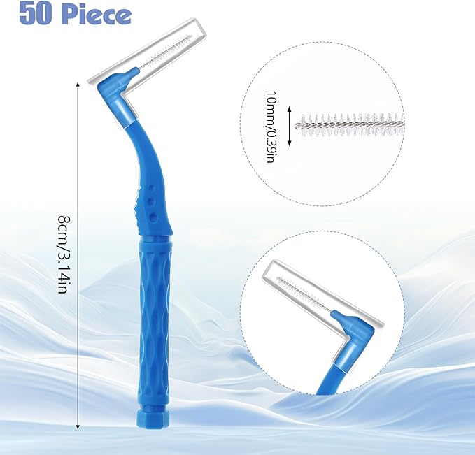 50pcs Interdental Brushes, Blue Soft Dental Brushes with Non-Slip Handle Angled Head Tooth Picks Floss Sticks Dental Floss Brushes for Braces Oral Cleaning Narrow Gaps Between Teeth