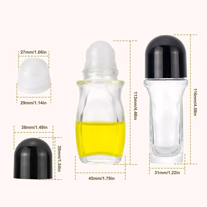 4 Pack 50mL Clear Glass Roller Bottles for Deodorant, Essential Oil Roll On Bottles, Leak-Proof Refillable Rollerball Containers with Black Caps, Travel DIY Perfume Applicator