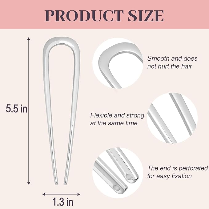 2PCS 5.5Inch French Hair Pins Large U-Shaped Pins for Women and Girls Fashion Metal Hair Pin French Twist Hair Pins for Buns, Updos,Stylish and Functional(set3-silver)