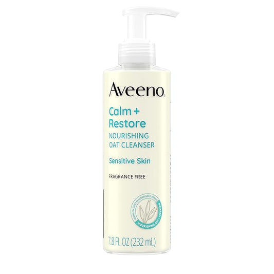 Aveeno Calm + Restore Facial Cleanser for Sensitive Skin, Hydrating Gentle Milky Face Cleanser with Nourishing Oat and Feverfew, Hypoallergenic Formula, Fragrance Free, 7.8 fl oz