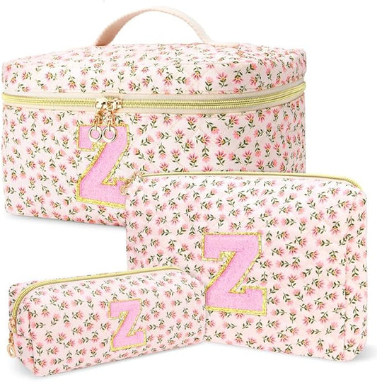 3 PCS Travel Makeup Bag Set,A-Z Initials Cotton Make up Bag Floral Quilted Cosmetic Bag for Girls and Women,Personalized Christmas Gifts,Cute Toiletry Travel Accessories Brushes Bags-Z
