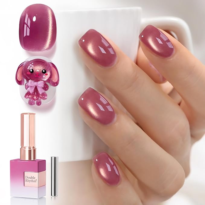 Double Rhythm 0.5 OZ Cat Eye Gel Polish with Magnet 15ML Holographic Glitter Shimmer Translucent Jelly Color Magnetic Nail Polish Salon DIY at Home (Dreamy Peach-MC1271)