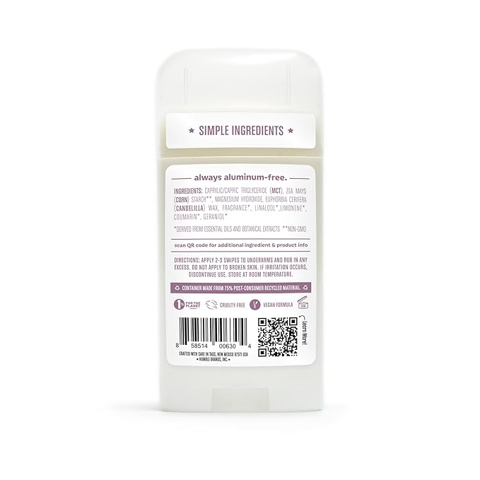 HUMBLE BRANDS Aluminum-Free Deodorant, Vegan and Cruelty- free, Formulated for Sensitive Skin, Mountain Lavender, 2.5 Ounce (Pack of 1)
