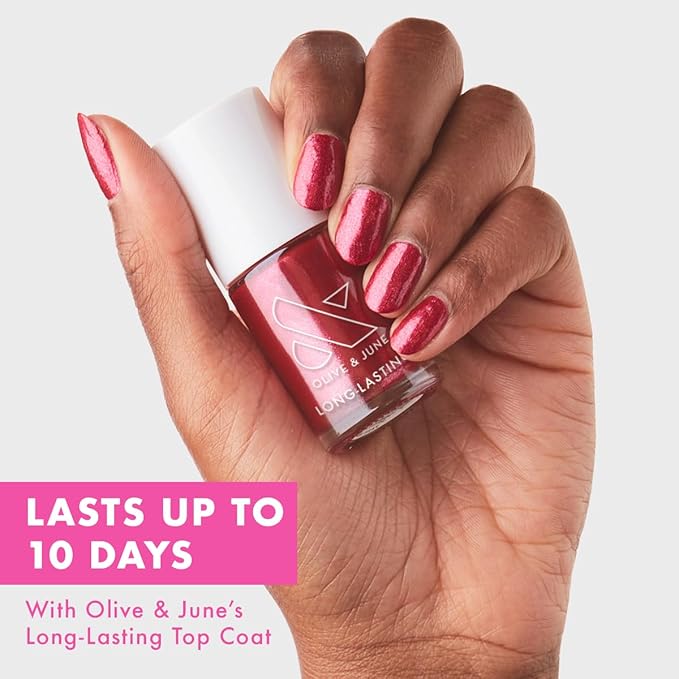 Olive & June Long Lasting Nail Polish | Plump Gel-Like Finish No Lamp Needed | Lasts up to 10 days | Salon-Quality at Home | 15-Free Vegan Cruelty-Free Chip-Resistant Shine | Ruby Shimmer Metallic Red