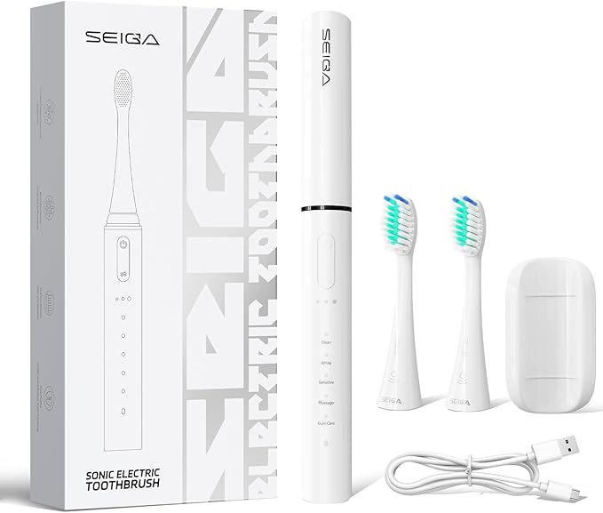 SEIGA Sonic Electric Toothbrush for Adults,5 Cleaning Modes & 3 Intensities,Rechargeable Smart Toothbrush with 2 Brush Heads,Built-in 2 Min Smart Timer,IPX7 Waterproof,One Charge for 60 Days