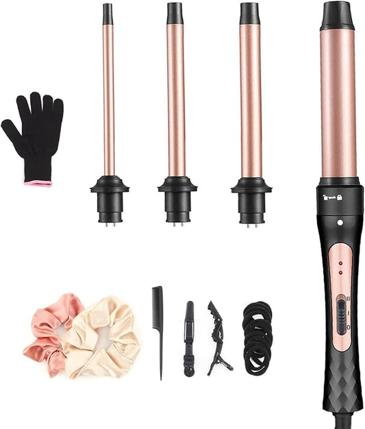 Curling Wand, 4 in 1 Hair Curling Iron Wand Set Include 4 Interchangeable Ceramic Barrels (0.35"-1.25") Hair Curling Wand Set for Quick Create Hairstyle in All Hair Type