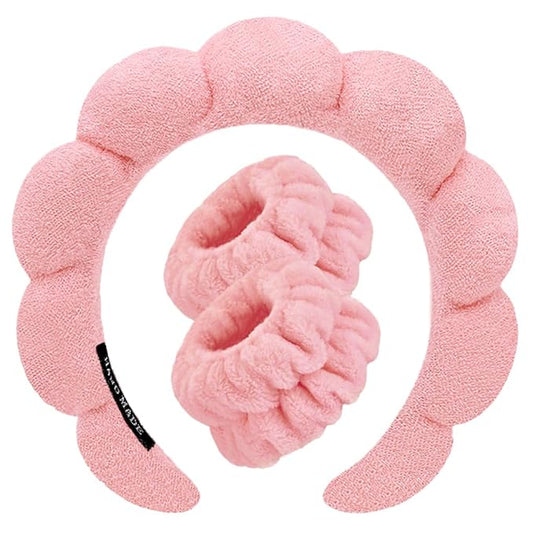 Spa Headbands for Washing Face Wristband Set Sponge Makeup Skincare Headband Wrist Towels Bubble Soft Terry Towel Cloth Hairband for Women Puffy Headwear Non Slip Thick Thin Hair Headwear (Peach pink)