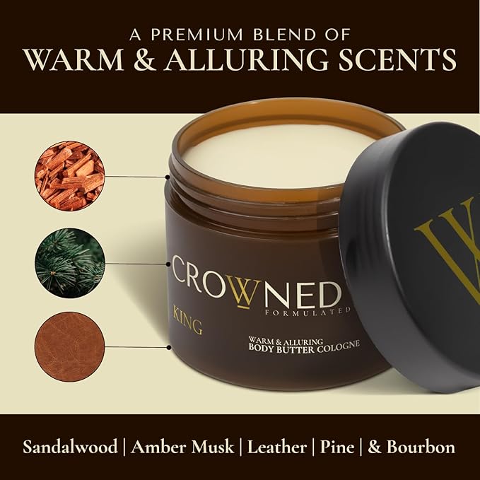 Crowned Skin King Body Butter Cologne and Body Oil Cologne Bundle | New Moisturizing Formula | Skin Care Set with Warm Sandalwood & Leather Scent | Natural Shea & Mango Butter | All-Day Fragrance
