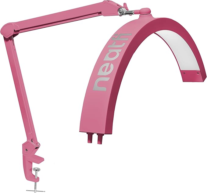 Neatfi Half Moon LED Table Lamp for Estheticians, Nail Tech, and Cosmetician for Manicure Art, Facial, Waxing, Threading and Tattoo, 2500 Lumens, 5 Light Modes (with Clamp, Pink)
