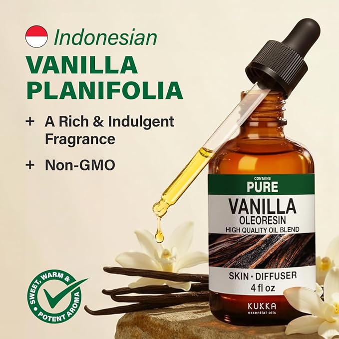 KUKKA Vanilla Essential Oils - 4 Fl Oz - for Hair, Skin, Diffuser, Aromatherapy & DIY Soap Making Scent