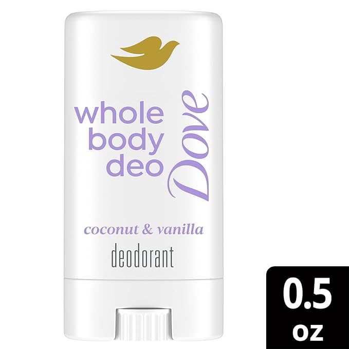 Dove Whole Body Deodorant, Aluminum-Free, Coconut & Vanilla, Travel-Size 6-Pack – Dermatologist-Approved Anti-Chafing Stick for Sensitive Skin, 72H Odor Protection, 0.5 Oz Ea
