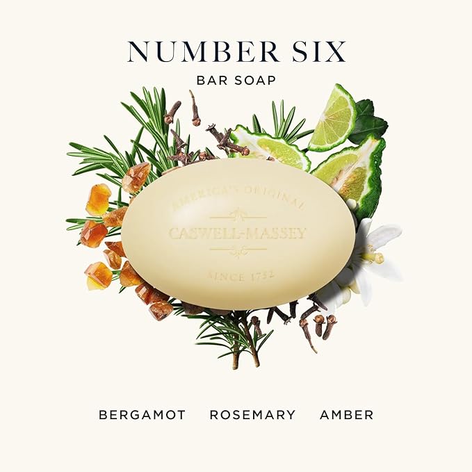 Caswell-Massey Number Six Natural Bar Soap for Men, Moisturizing Body Soap Bar for All Skin Types, Made with Essential Oils & Plant-Based Formula for Soft Skin, Made in USA, 5.8 oz