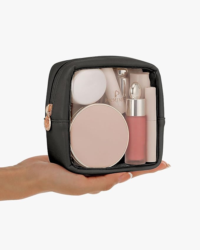 Pomimut Clear Makeup Bag,Mini Makeup Pouch Organizer Fit Carry-on Travel Essentials,TSA Approved Toiletry Bag Clear Cosmetic Bags for Women Men,Black