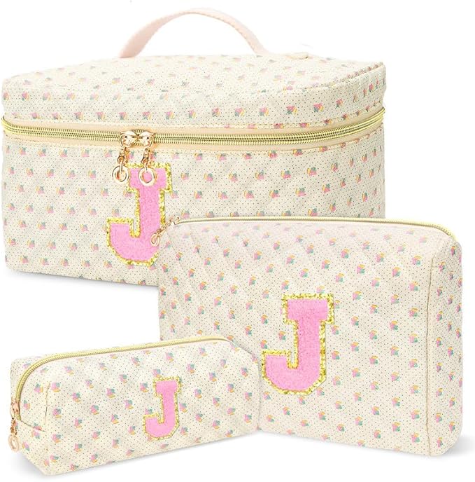 3 PCS Travel Makeup Bag Set,A-Z Initials Cotton Make up Bag Floral Quilted Cosmetic Bag for Girls and Women,Personalized Christmas Gifts,Cute Toiletry Travel Accessories Brushes Bags-J