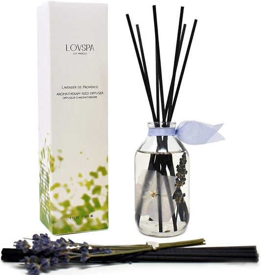 LOVSPA Reed Diffuser Set, Lavender De Provence Scented Oil Diffuser with Sticks, Home Fragrance Accessories for Bathroom Shelf Decor, Aroma Diffusers for Home or Office Desk, USA Made