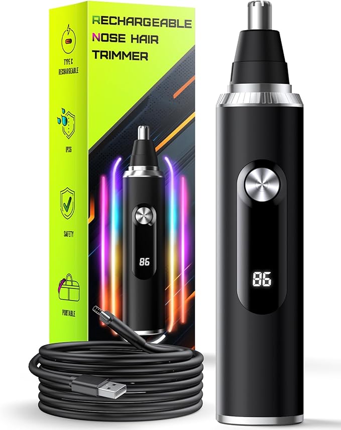 Nose Hair Trimmer for Men and Women, USB Rechargeable Electric Facial and Ear Hair Remover with LED Display, Dual-Edge Blades for Smooth, Painless Eyebrow Grooming (Black)