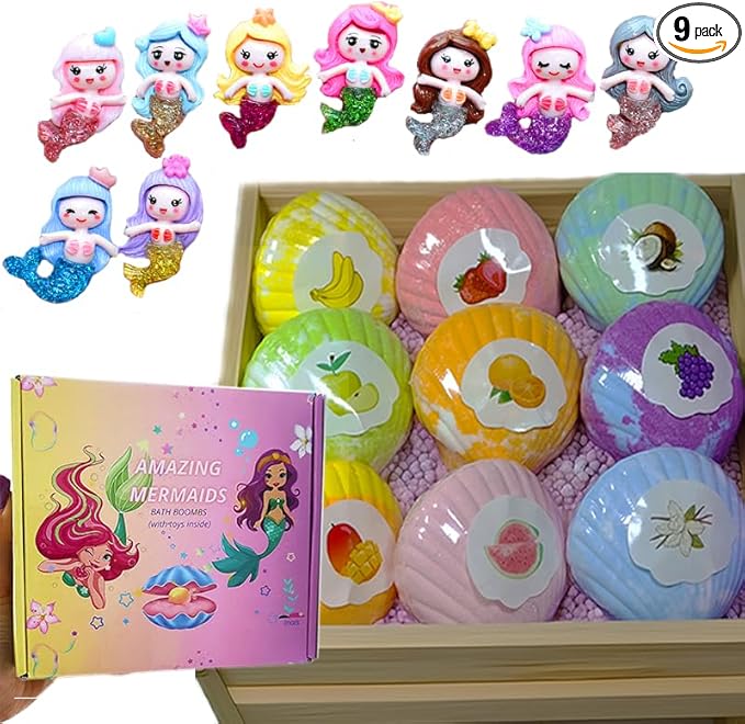 Handmade Bath Bomb Gift Set with Toys Inside, 9 Pack Organic Bath Bombs for Kids, Birthday Gift for Girls, Bubble Bath Fizzy with Natural Shea and Coconut Butter, Little Mermaid Toys
