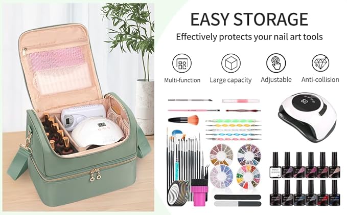 Nail Polish Organizer Case, Nail Supplies Storage Box Holds 45 Bottles Nail Polish & Nail Lamp, Travel Nail Tech Carrying Case, Nail Kit Bag For Nail Stuff & Manicure Tools
