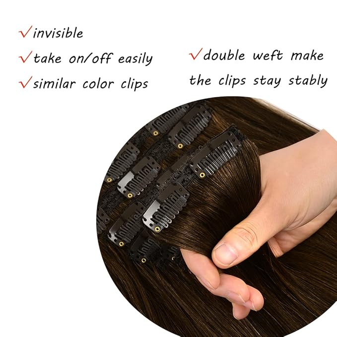 22" Clip in Human Hair Extensions Full Head 200g 10 Pieces 22 Clips Chocolate Brown Double Weft Brazilian Real Remy Hair Extensions Thick Straight (22" 200g,4#)
