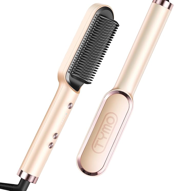 TYMO Ring Hair Straightener Brush – Hair Straightening Iron with Built-in Comb, 20s Fast Heating & 5 Temp Settings & Anti-Scald, Perfect for Professional Salon at Home, Peach