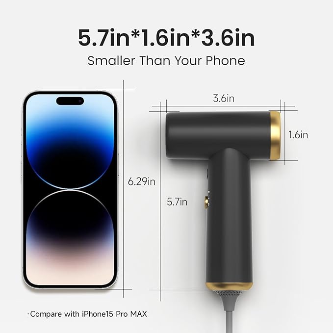 COSHARE Travel Hair Dryer, 110000 RPM High-Speed Brushless Motor, 200g Compact Travel Blow Dryer for Fast Drying, Smart Thermo-Control, Lightweight, Low Noise, Gunmetal