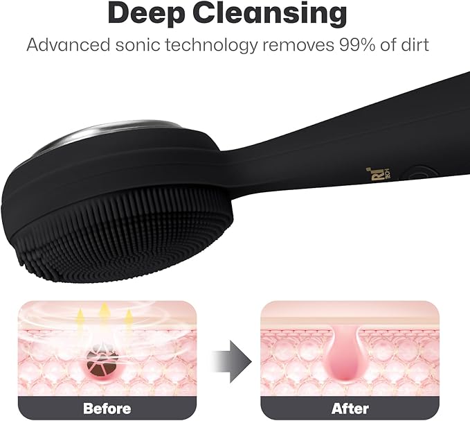 PRITECH Facial Cleansing Brush, Rechargeable Silicone Face Scrubber with Constant-Temperature Heating, Vibrating Exfoliator Scrubber for Deep Pore Cleaning, Waterproof Face Brush for Women & Men-Black