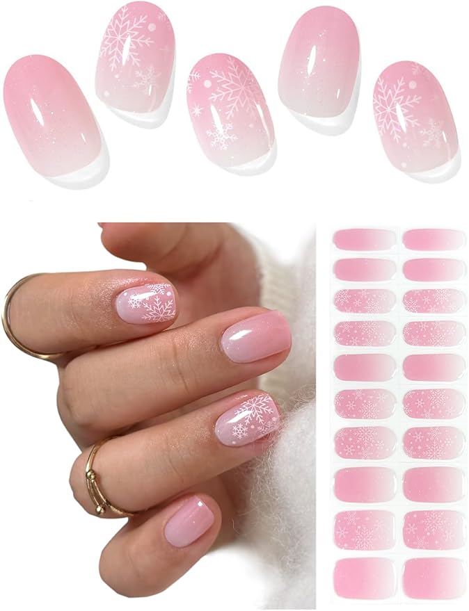 Semi Cured Gel Nail Strips (Pink Snowflake), 20 Pcs Christmas Gel Nail Wraps, Stickers, Salon Quality, Long Lasting, Works With Any UV Lamps