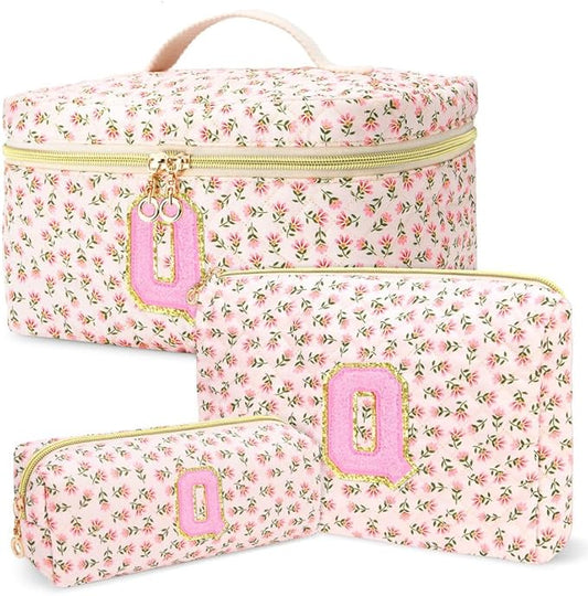 3 PCS Travel Makeup Bag Set,A-Z Initials Cotton Make up Bag Floral Quilted Cosmetic Bag for Girls and Women,Personalized Christmas Gifts,Cute Toiletry Travel Accessories Brushes Bags-Q
