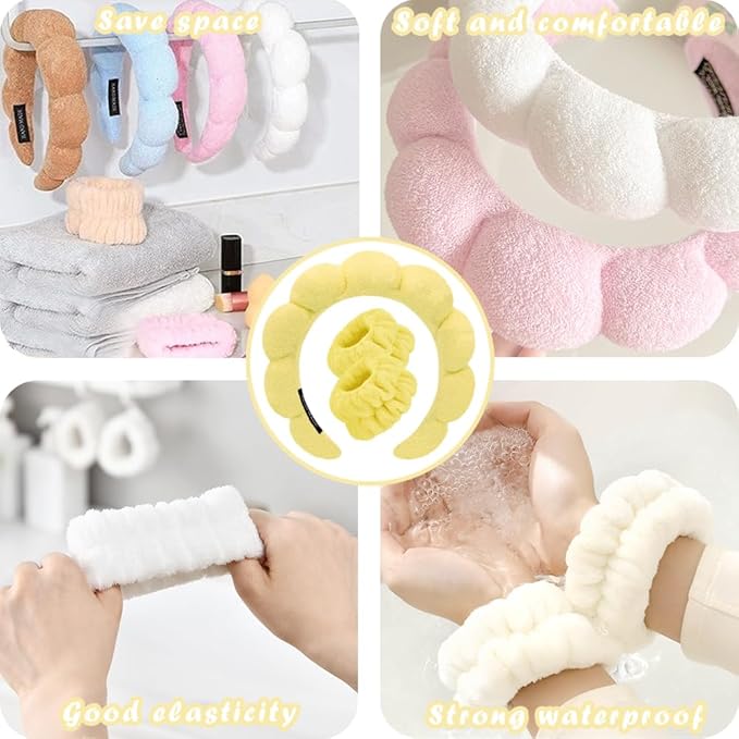 Spa Headbands for Washing Face Wristband Set Sponge Makeup Skincare Headband Wrist Towels Bubble Soft Terry Towel Cloth Hairband for Women Puffy Headwear Non Slip Thick Thin Hair Headwear (Yellow)