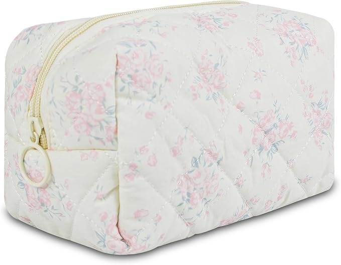 Quilted Makeup Pouch,Cotton Puffy Makeup Bag, Coquette Cosmetic Bag for Women and Girls, Aesthetic Organizer Bag, Cute Flower Travel Toiletry Bag