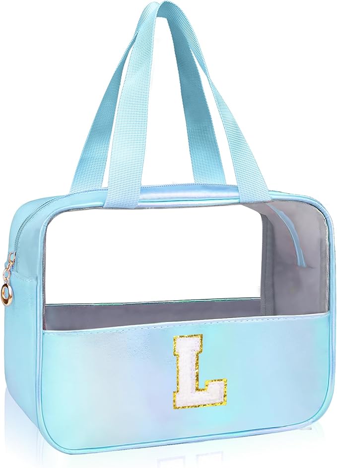 Personalized Initial L Clear Blue Makeup Bag - Large Travel Toiletry Bag, Cute Cosmetic Organizer Set for Girlfriend, Teacher, Teen Girl Gifts