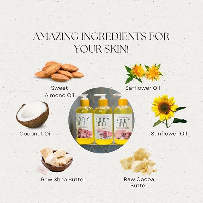 PrideandBeauty After Shower Oil. Skin Hydrating Oil. Body Oil Scented. Body Oils For Women Dry Skin. (Vanilla Buttercream) (8 OUNCES, Amber Vanilla Blossom)