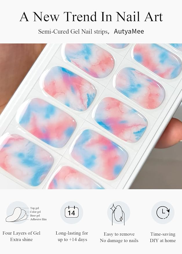 Semi Cured Gel Nail Strips (Sunset Cloud), Blue Red Omber, 20 Pcs Gel Nail Wraps, Stickers, Salon Quality, Works With Any Lamps