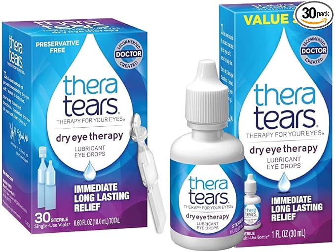 TheraTears Dry Eye Therapy Lubricating Eye Drops for Dry Eyes, Preservative Free Eye Drops, 30 Single-Use Vials & Dry Eye Therapy Eye Drops for Dry Eyes, 1.0 Fl Oz