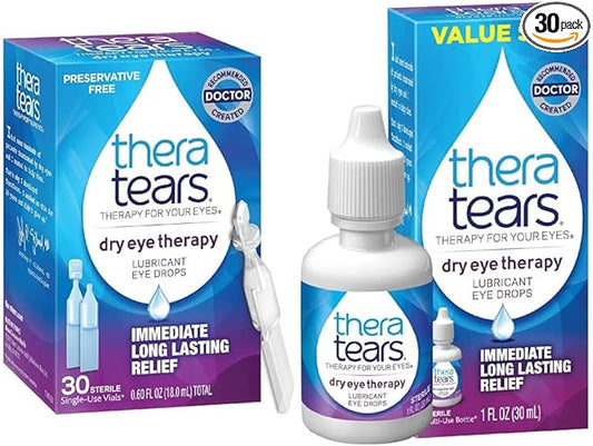 TheraTears Dry Eye Therapy Lubricating Eye Drops for Dry Eyes, Preservative Free Eye Drops, 30 Single-Use Vials & Dry Eye Therapy Eye Drops for Dry Eyes, 1.0 Fl Oz