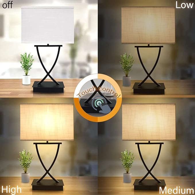 3-Way Dimmable Touch Control Medium Table Lamp with Type C/USB Charging Port and 1 AC Outlet White Shade 21.38" Bedside Nightstand Lamp for Bedroom Living Room Office and Hotel Bulb Included