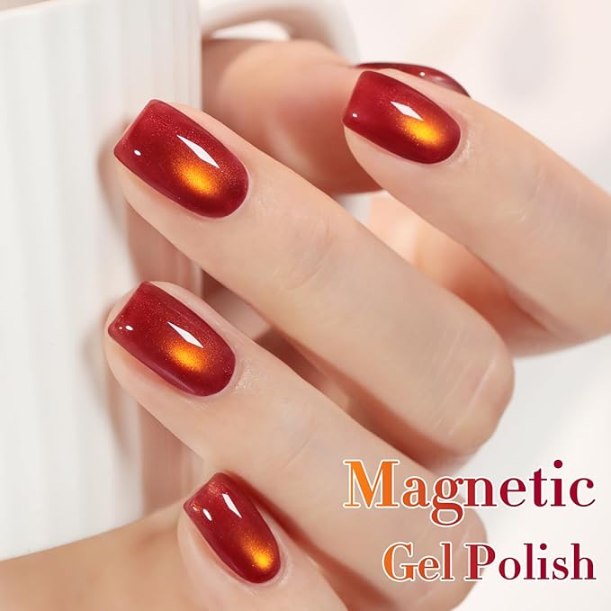 Double Rhythm 0.5 OZ Cat Eye Gel Polish with Magnet 15ML Holographic Glitter Shimmer Translucent Jelly Color Magnetic Nail Polish Salon DIY at Home (Sunny Blood Red-MC1253)